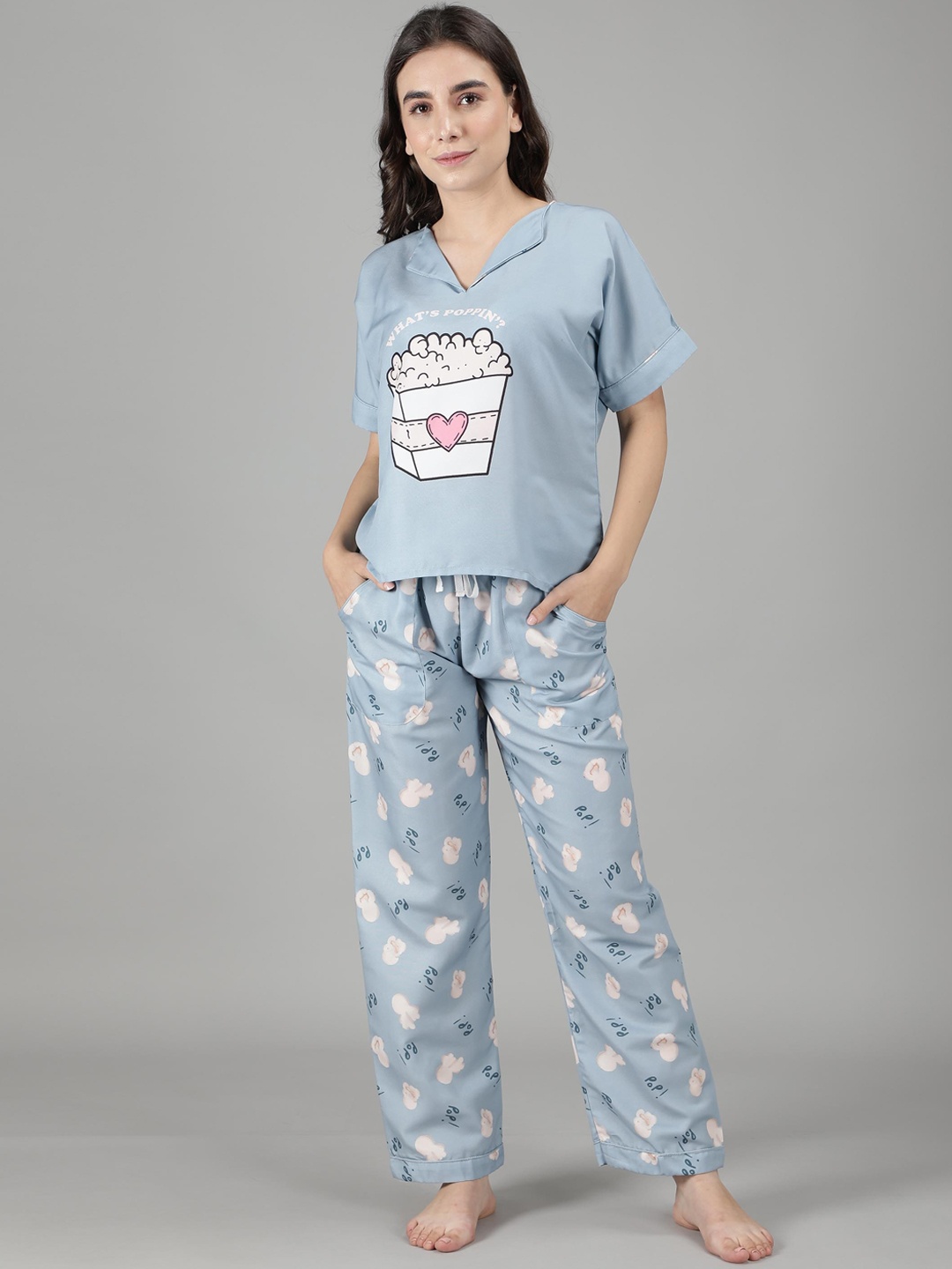 

House of Comfort Graphic Printed Night suit, Blue