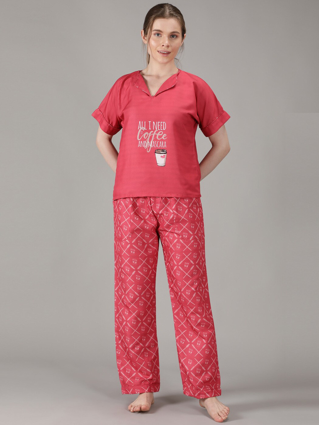 

House of Comfort Typography Printed Night suit, Red