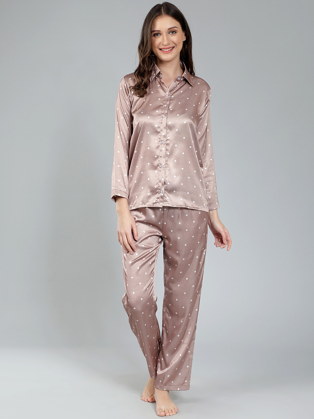 

House of Comfort Polka Dot Printed Satin Night suit, Brown