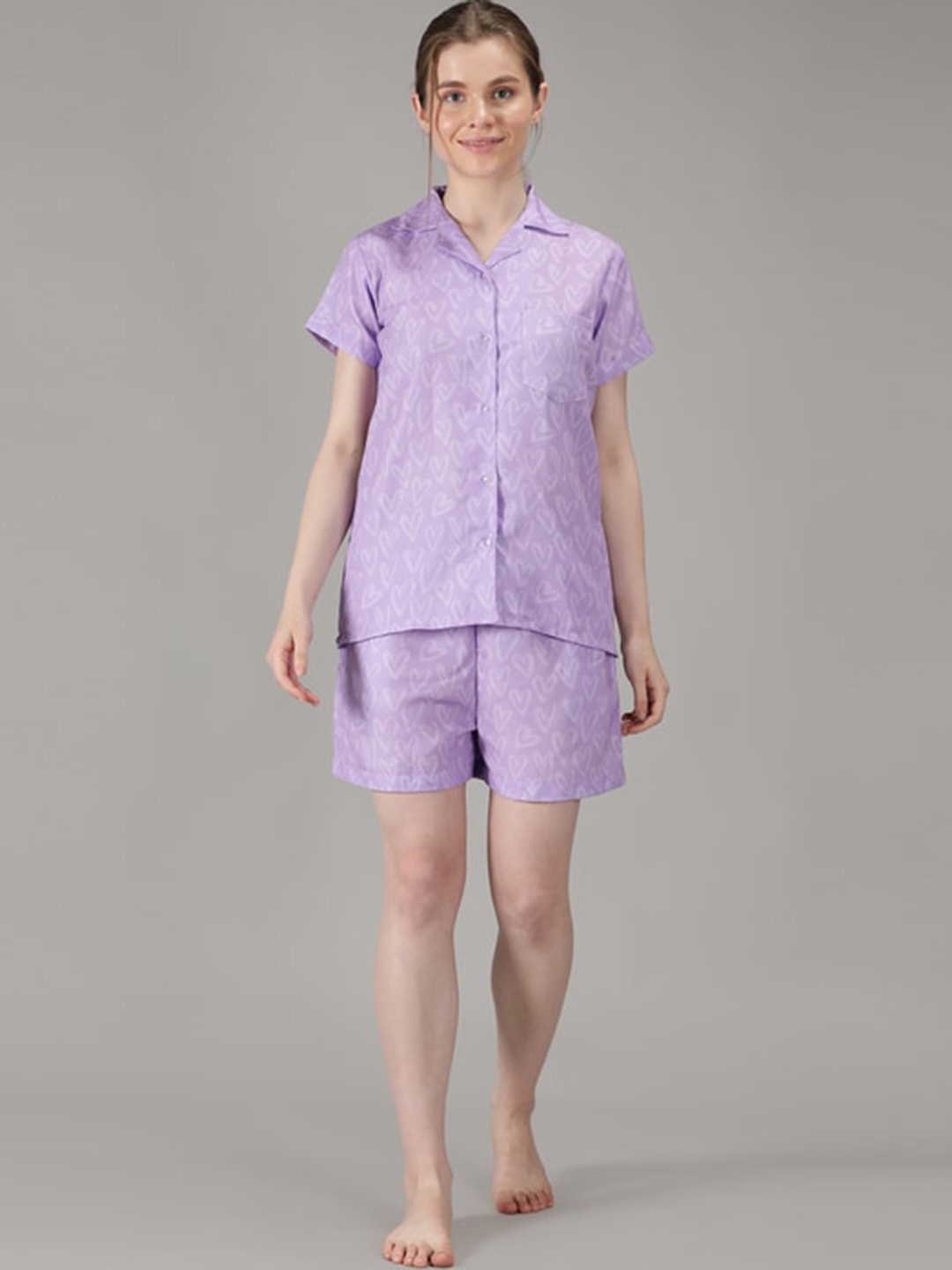 

House of Comfort Women Graphic Printed Night suit, Lavender