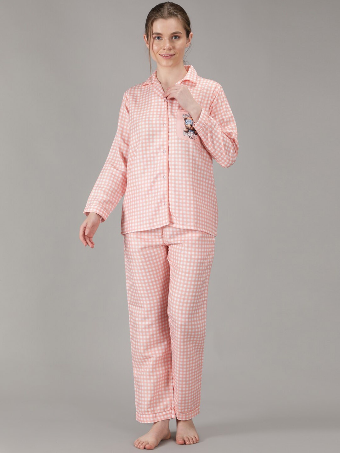 

House of Comfort Checked Lapel Collar Night suit, Peach