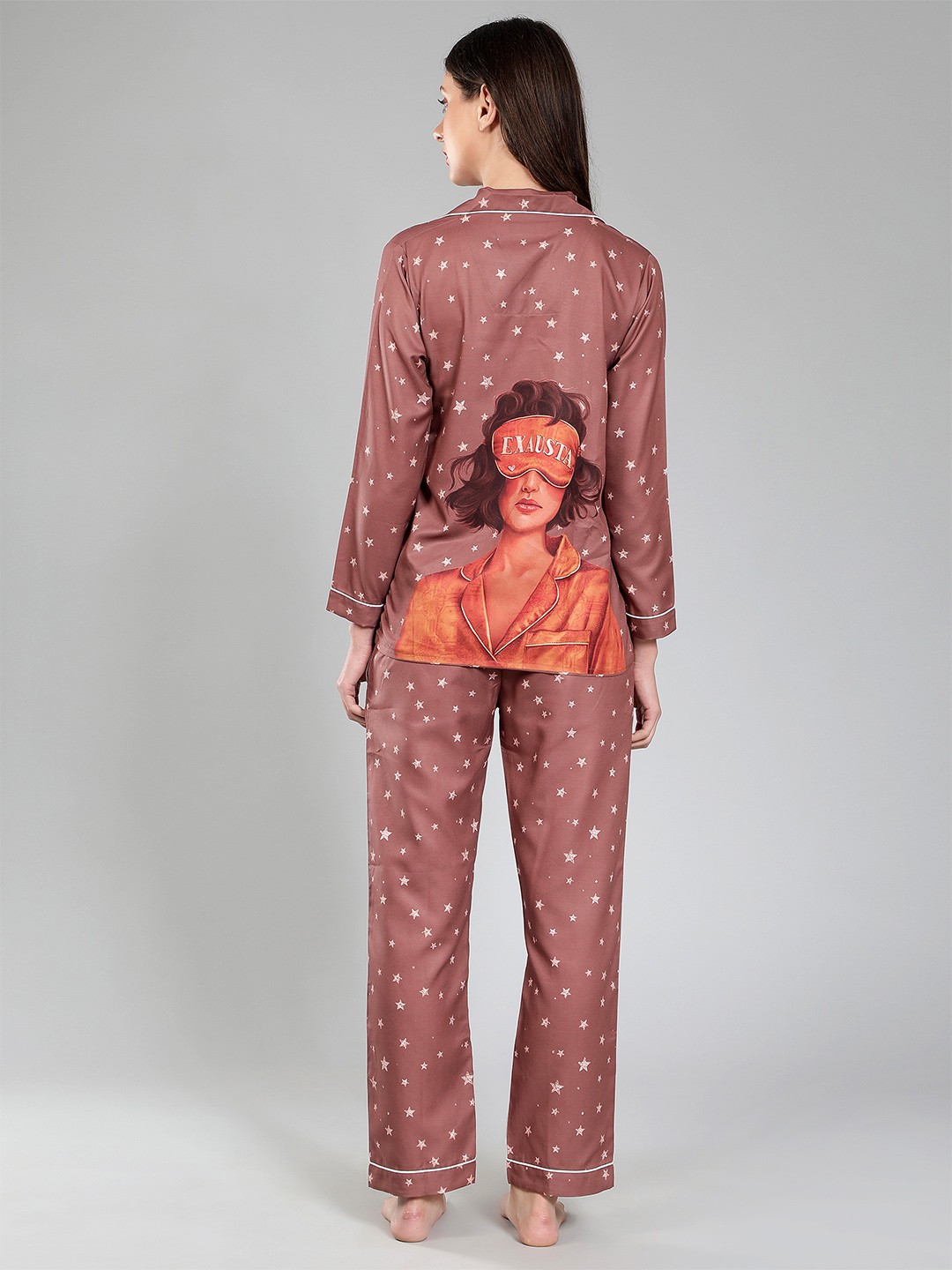 

House of Comfort Conversational Printed Lapel Collar Night suit, Brown