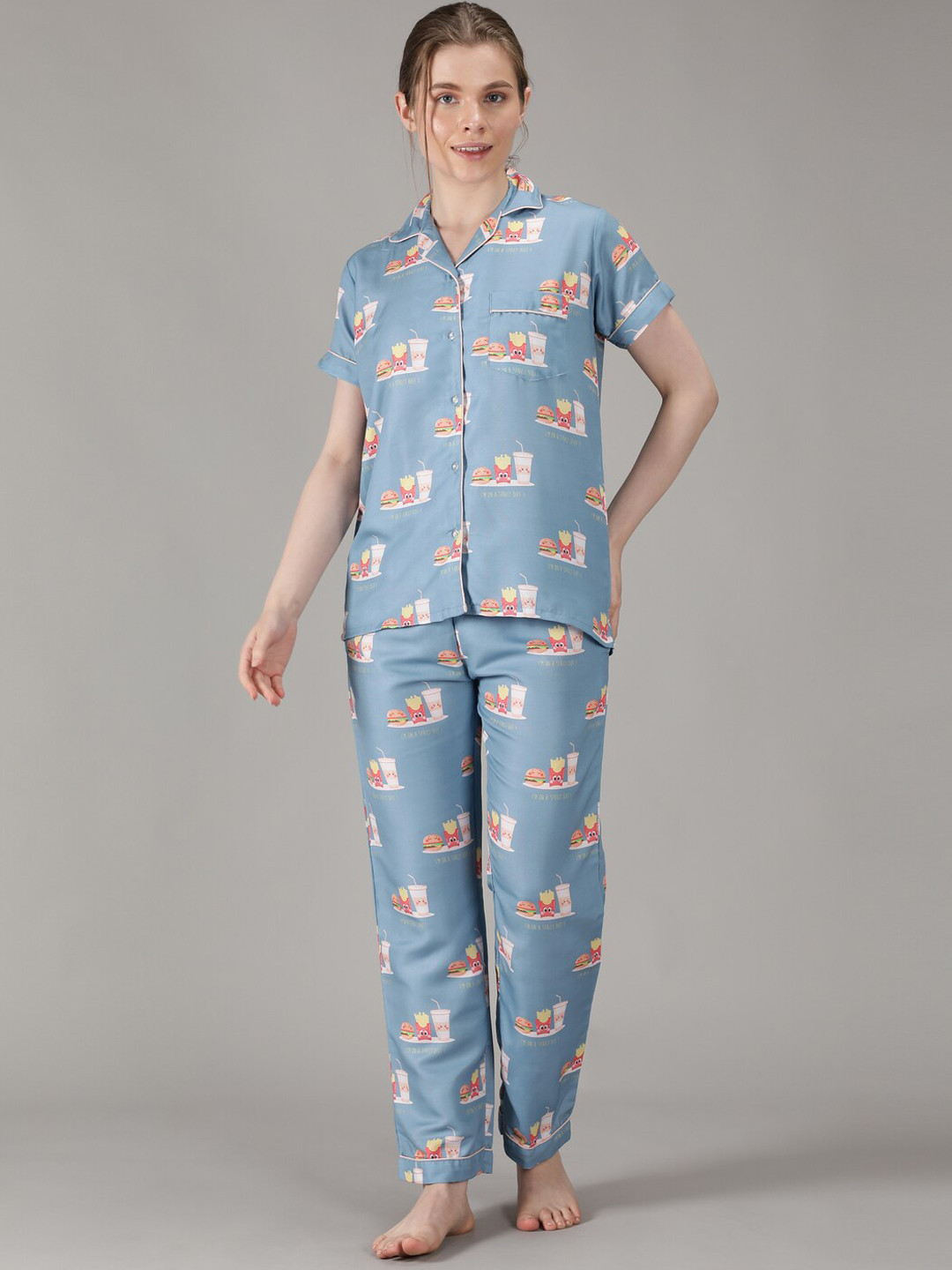 

House of Comfort Conversational Printed Lapel Collar Night suit, Blue