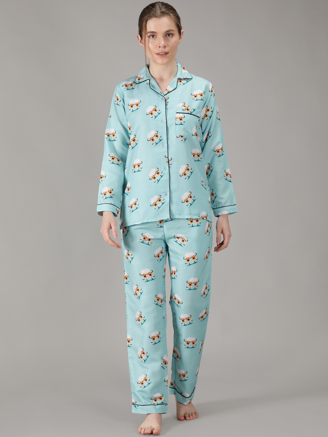 

House of Comfort Conversational Printed Night suit, Turquoise blue