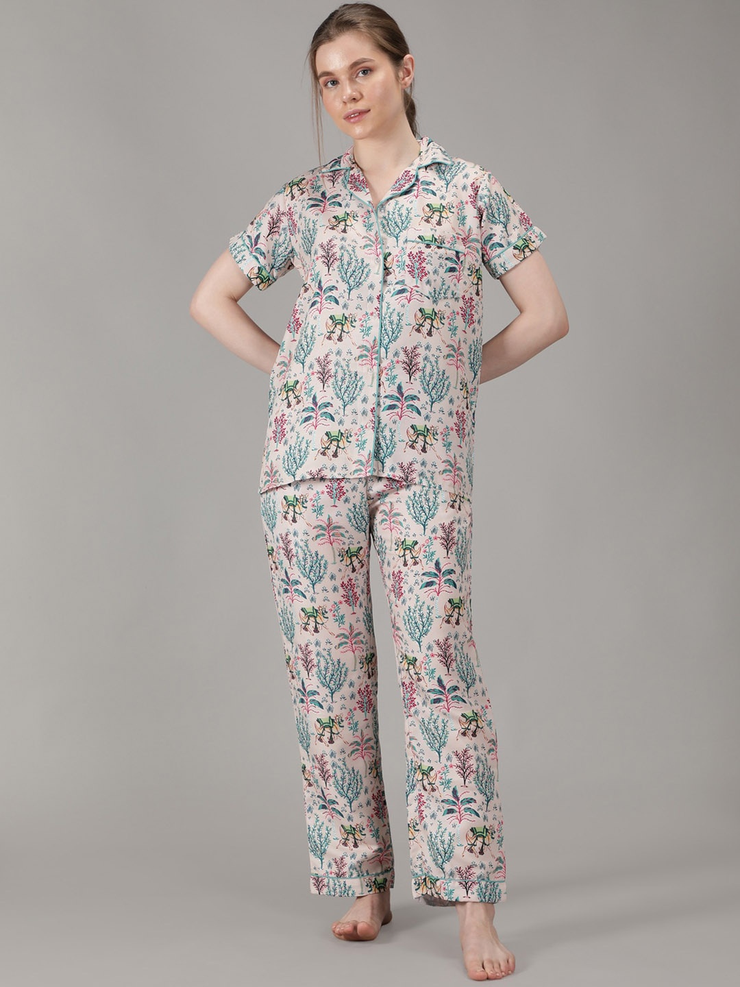 

House of Comfort Women Tropical Printed Night suit, Cream
