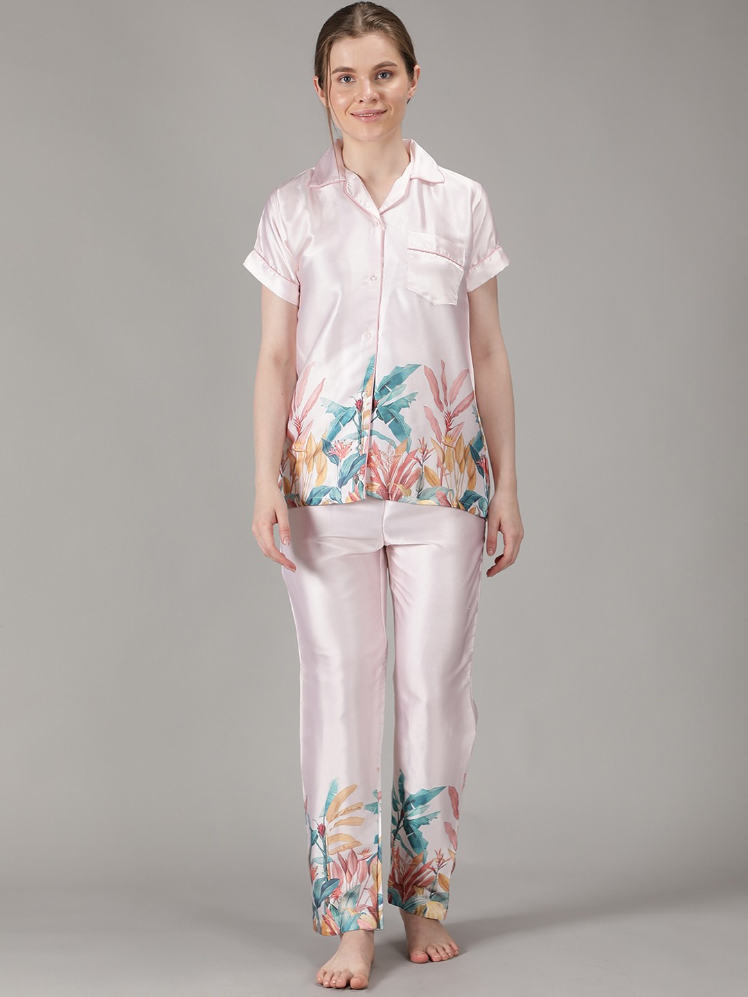 

House of Comfort Women Tropical Printed Night suit, Pink