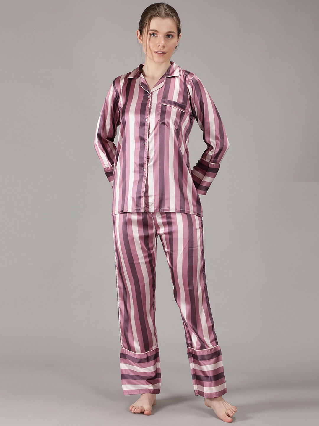 

House of Comfort Women Striped Night suit, Mauve