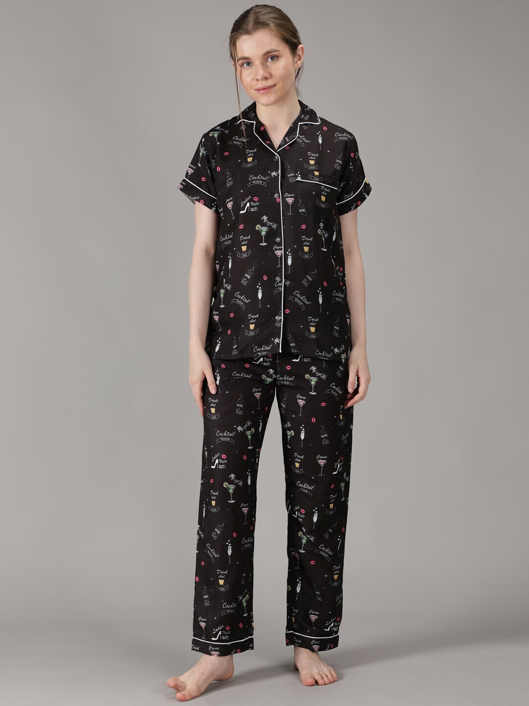 

House of Comfort Conversational Printed Night suit, Black