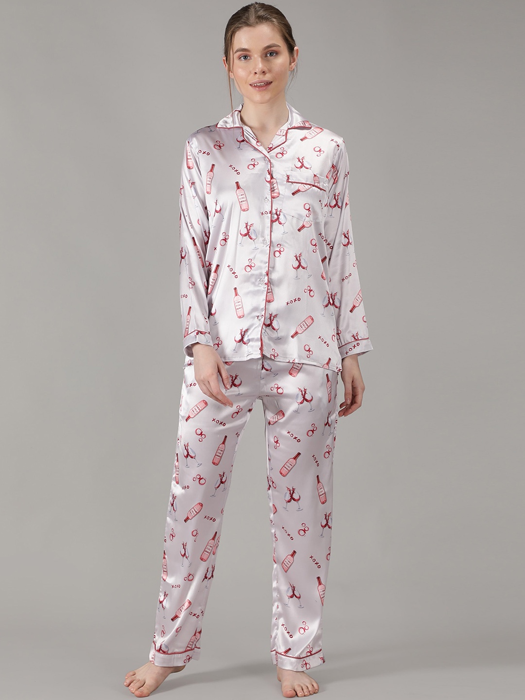 

House of Comfort Women Graphic Printed Satin Night suit, White