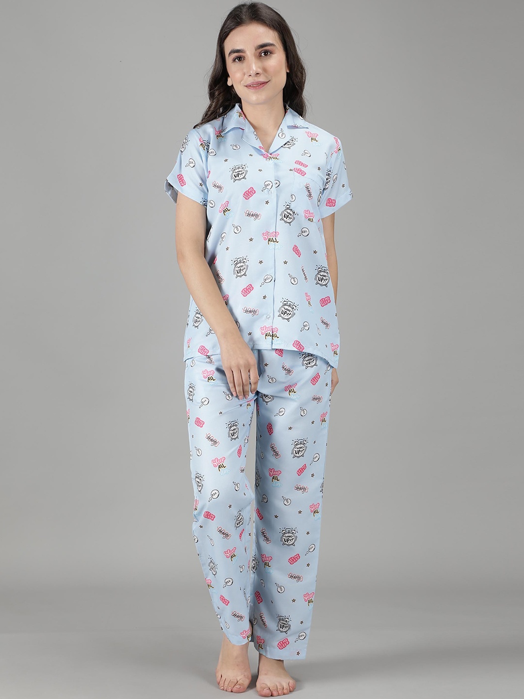 

House of Comfort Conversational Printed Lapel Collar Night suit, Blue