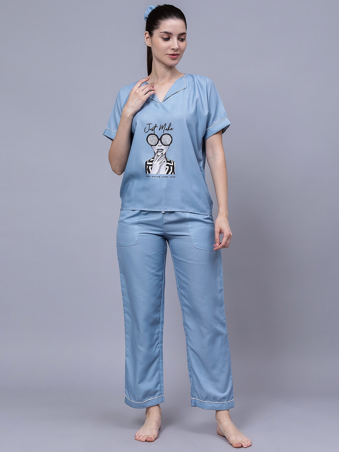 

House of Comfort Women Graphic Printed Night suit, Blue