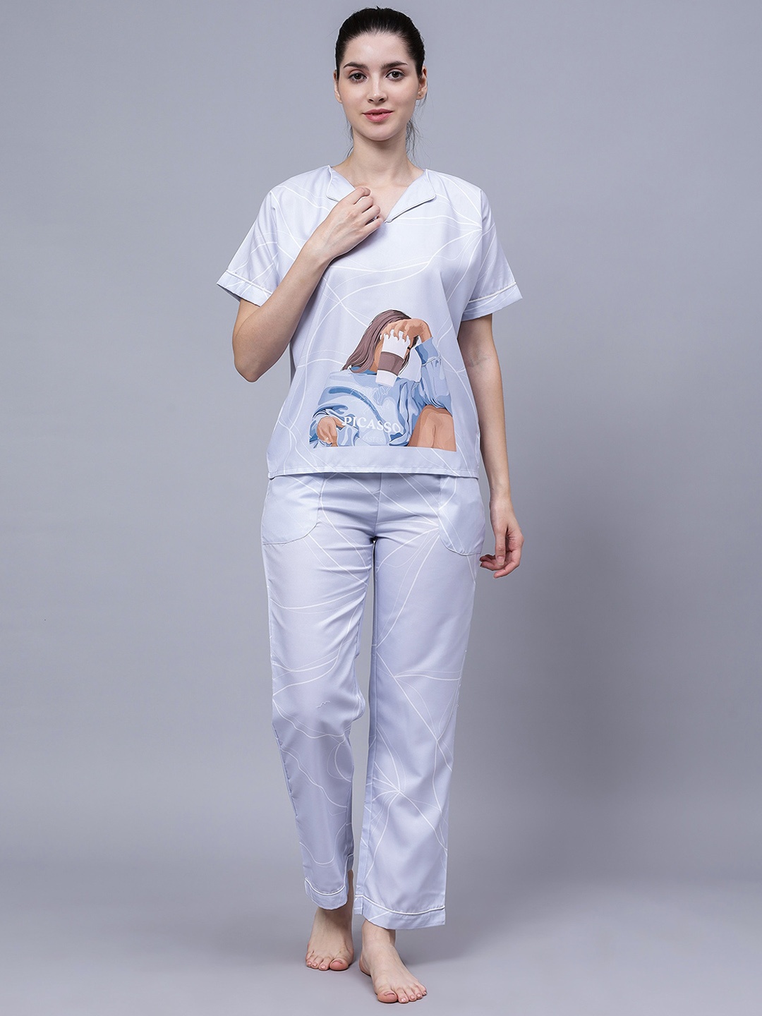 

House of Comfort Graphic Printed Lapel Collar Night suit, Blue