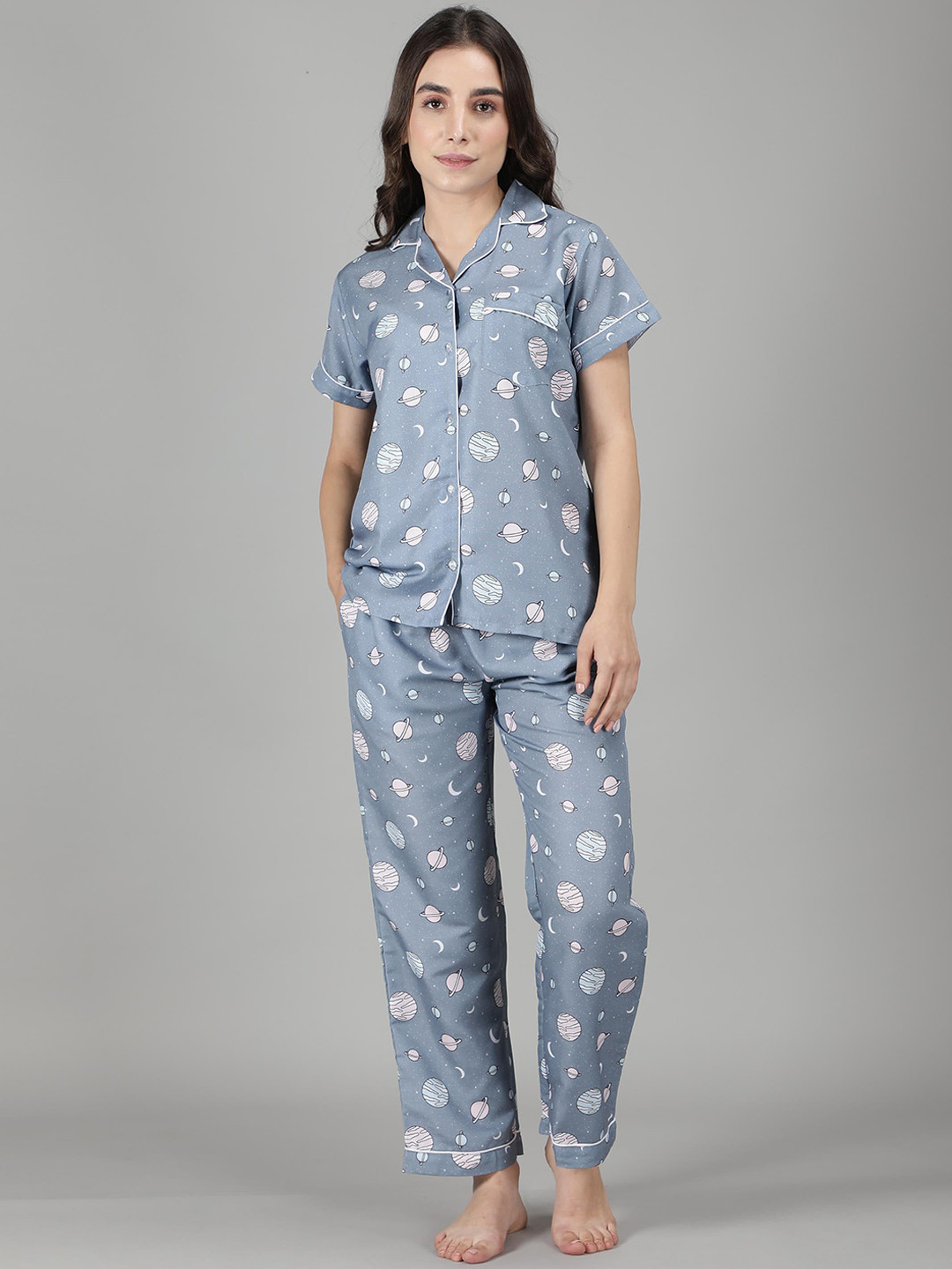 

House of Comfort Graphic Printed Night Suit, Grey