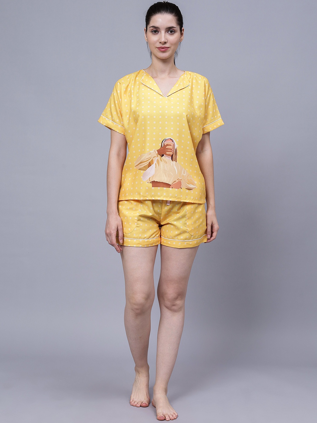 

House of Comfort Women Graphic Printed Night suit, Yellow
