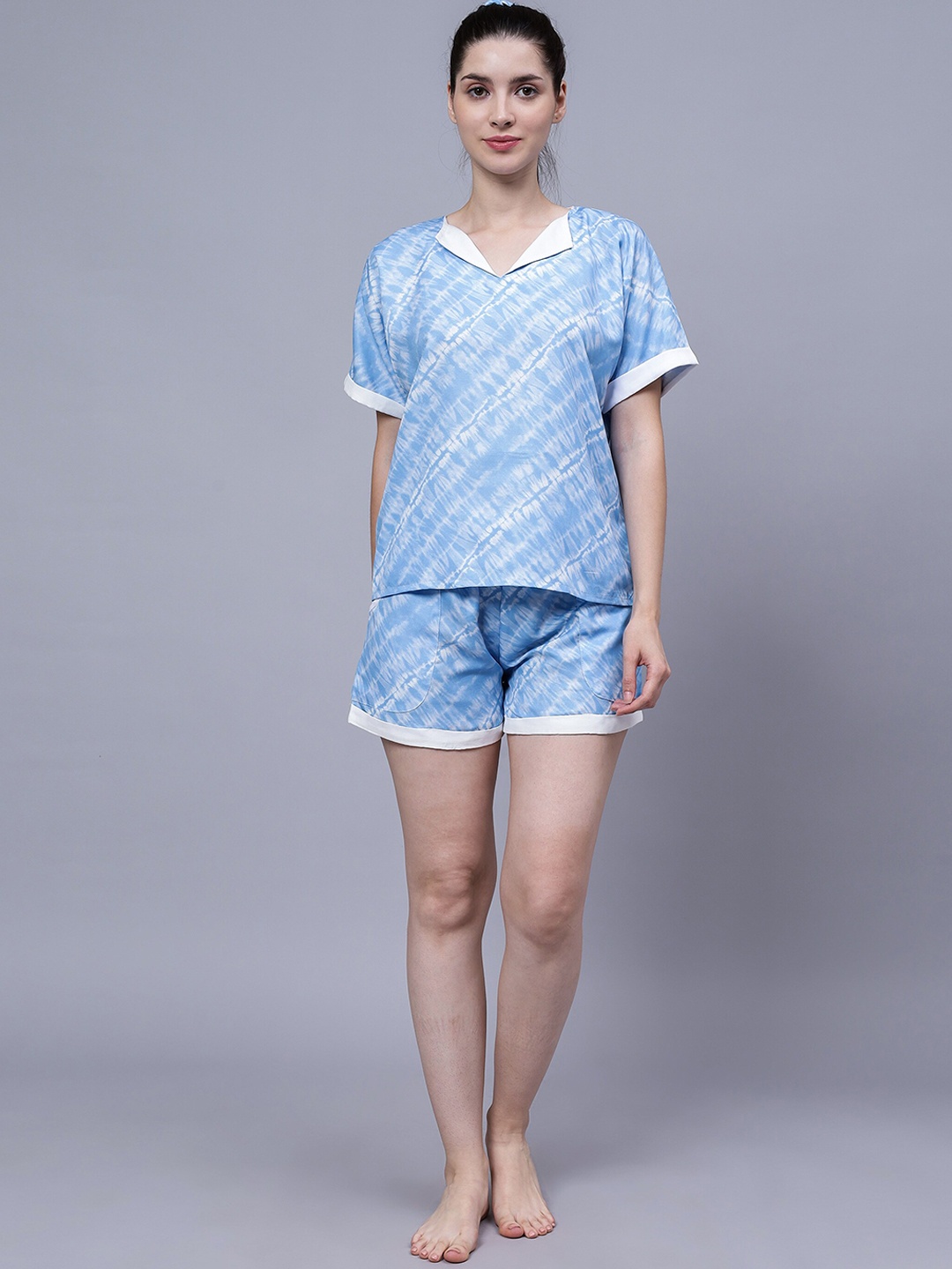 

House of Comfort Tie and Dye V-Neck Night suit, Blue