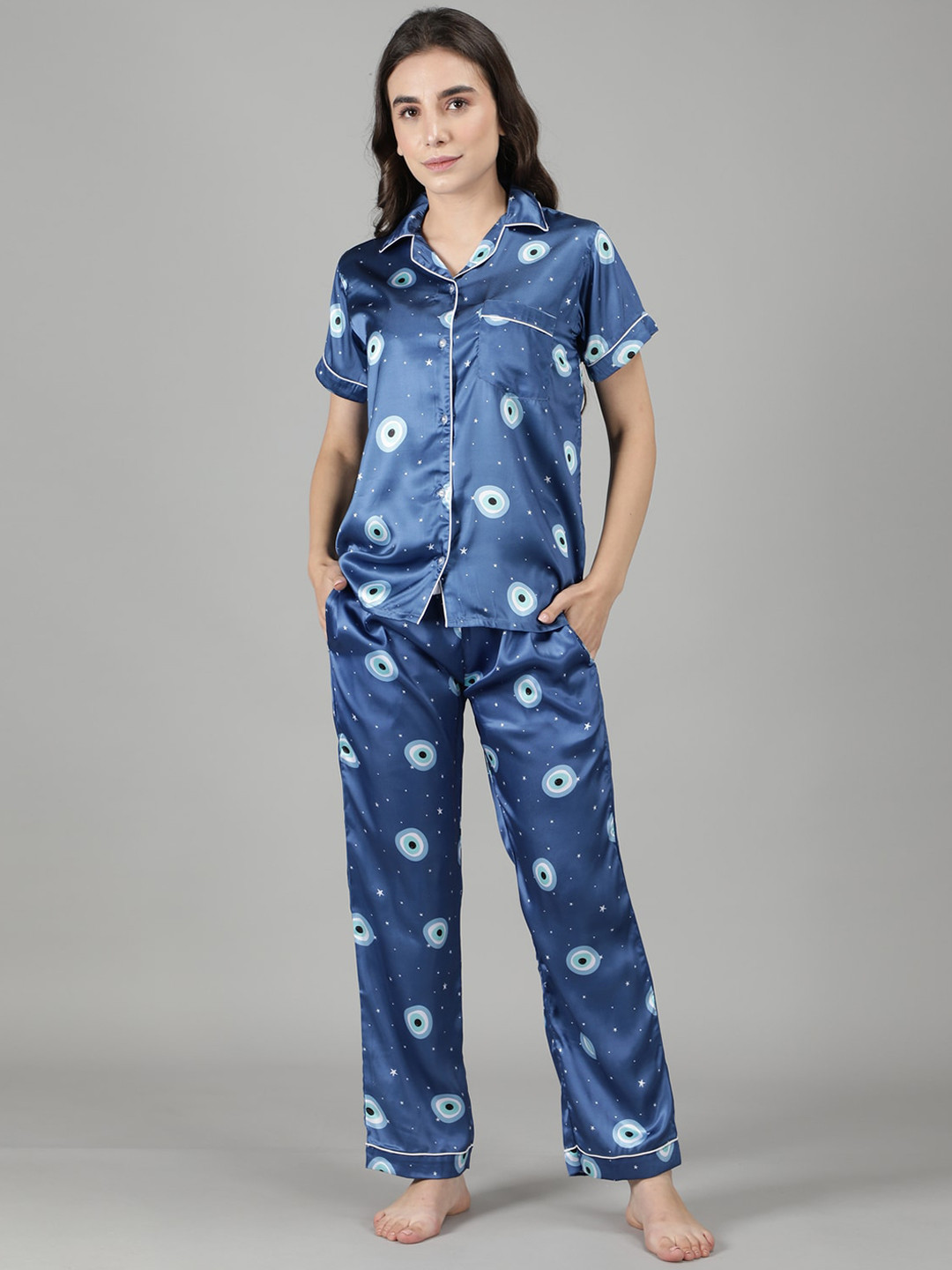 

House of Comfort Conversational Printed Lapel Collar Night suit, Blue