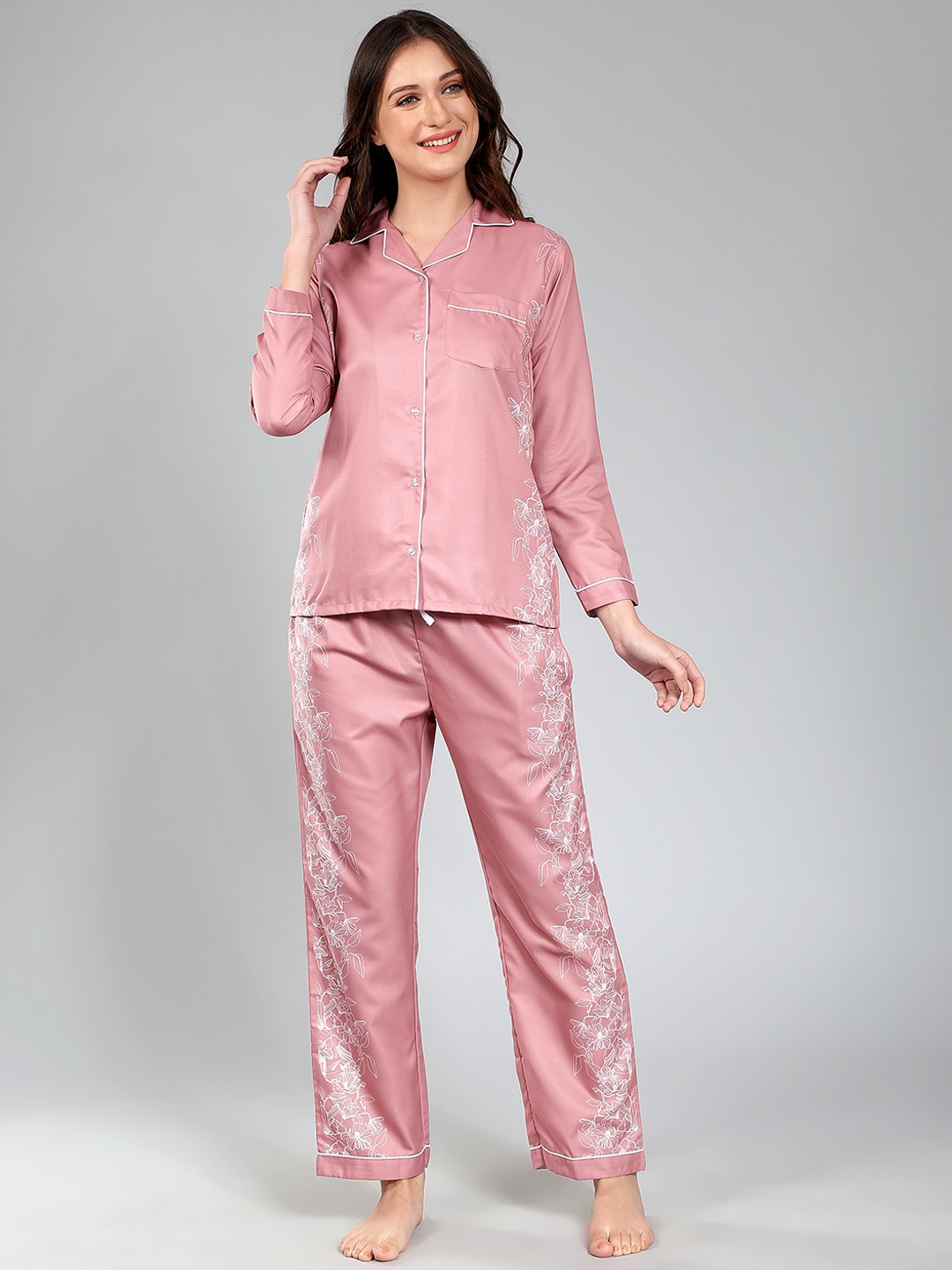 

House of Comfort Floral Printed Lapel Collar Night suit, Peach