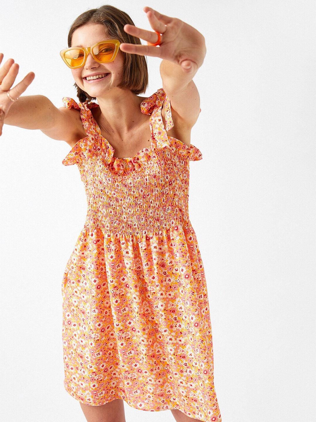 

Koton Floral Printed Smocked Fit & Flare Dress, Orange