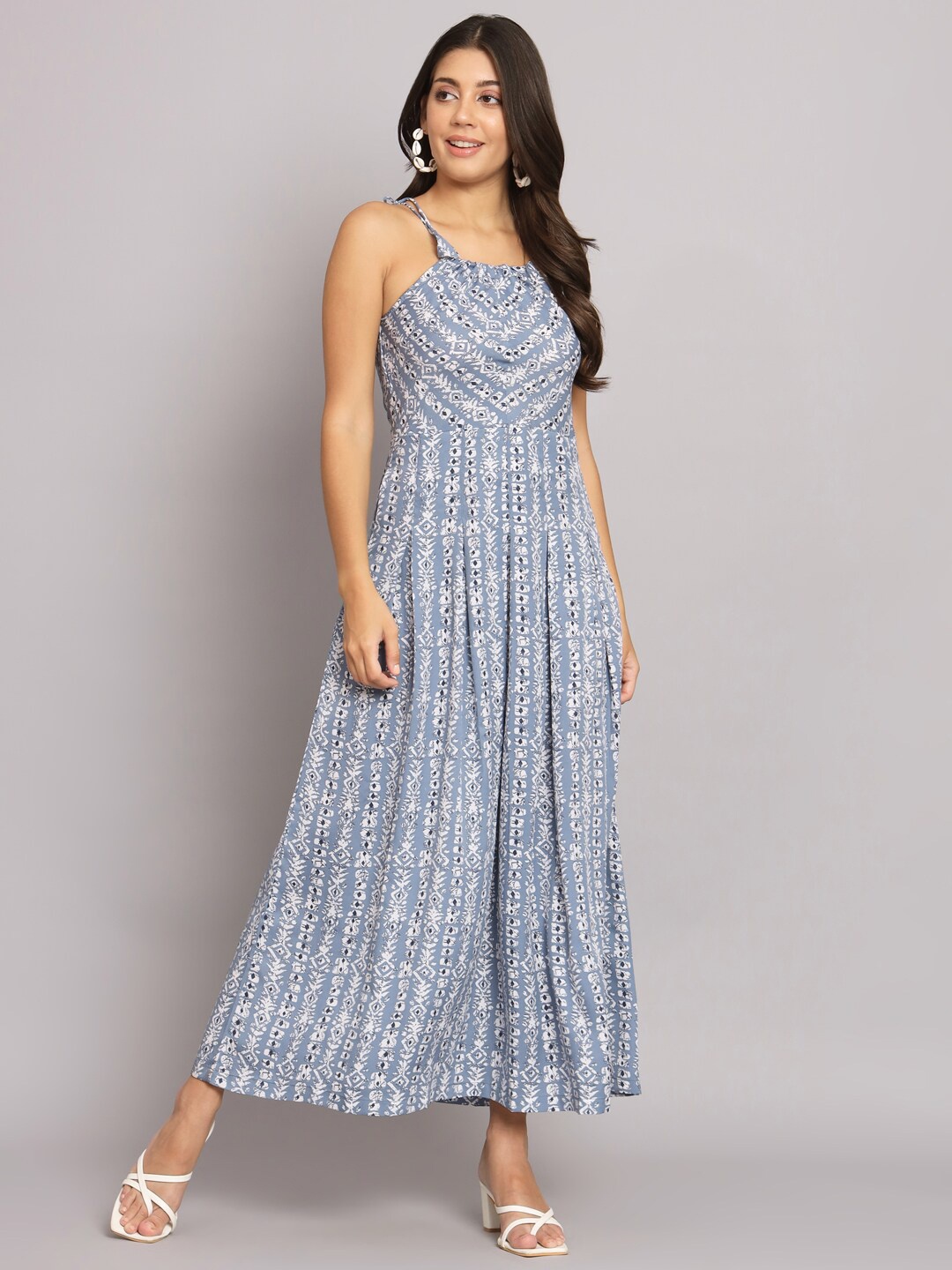 

HELLO DESIGN Ethnic Motifs Printed Shoulder Straps Crepe Maxi Dress, Blue