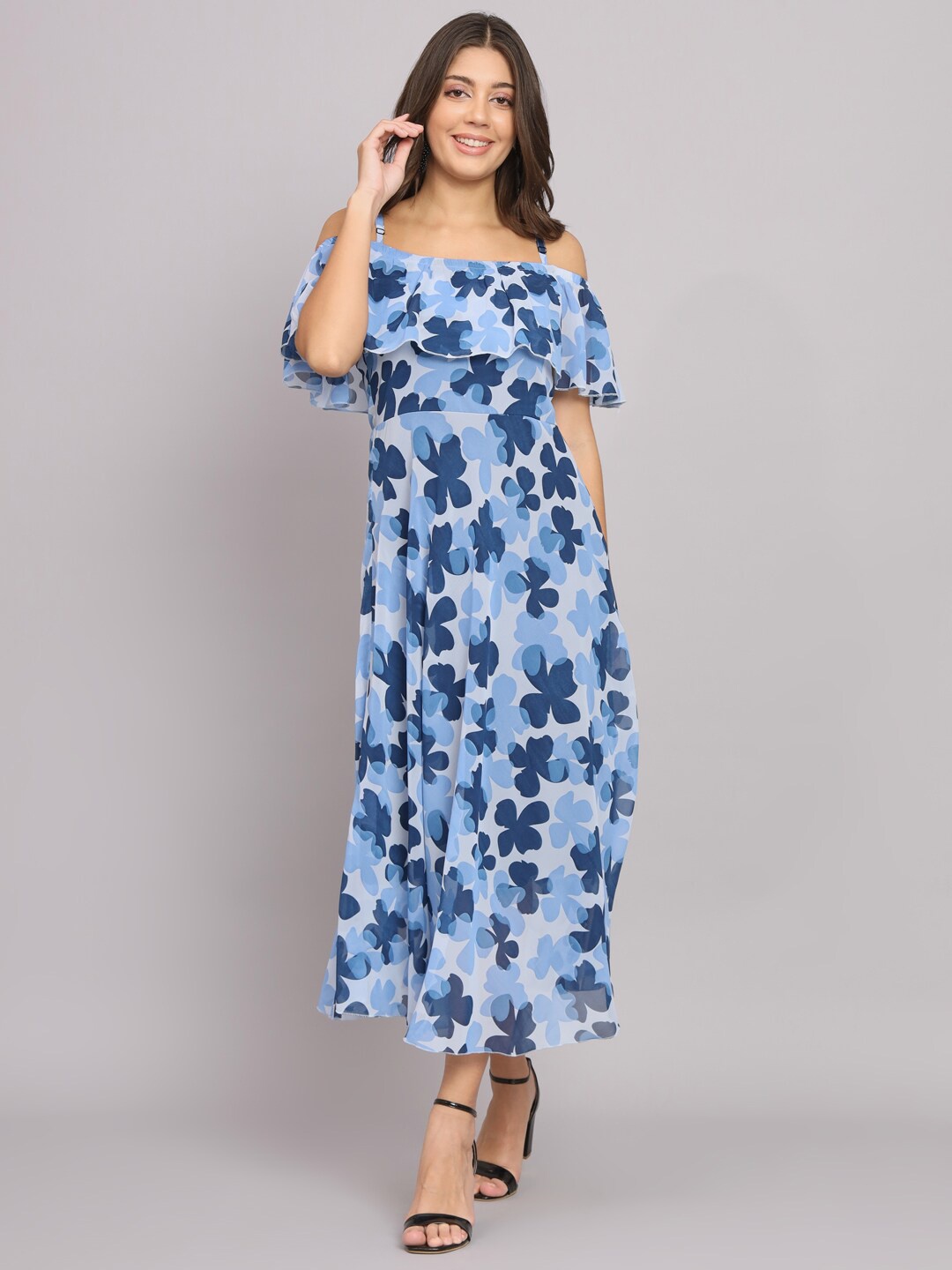 

HELLO DESIGN Floral Printed Cold Shoulder Sleeves Georgette Maxi Dress, Blue