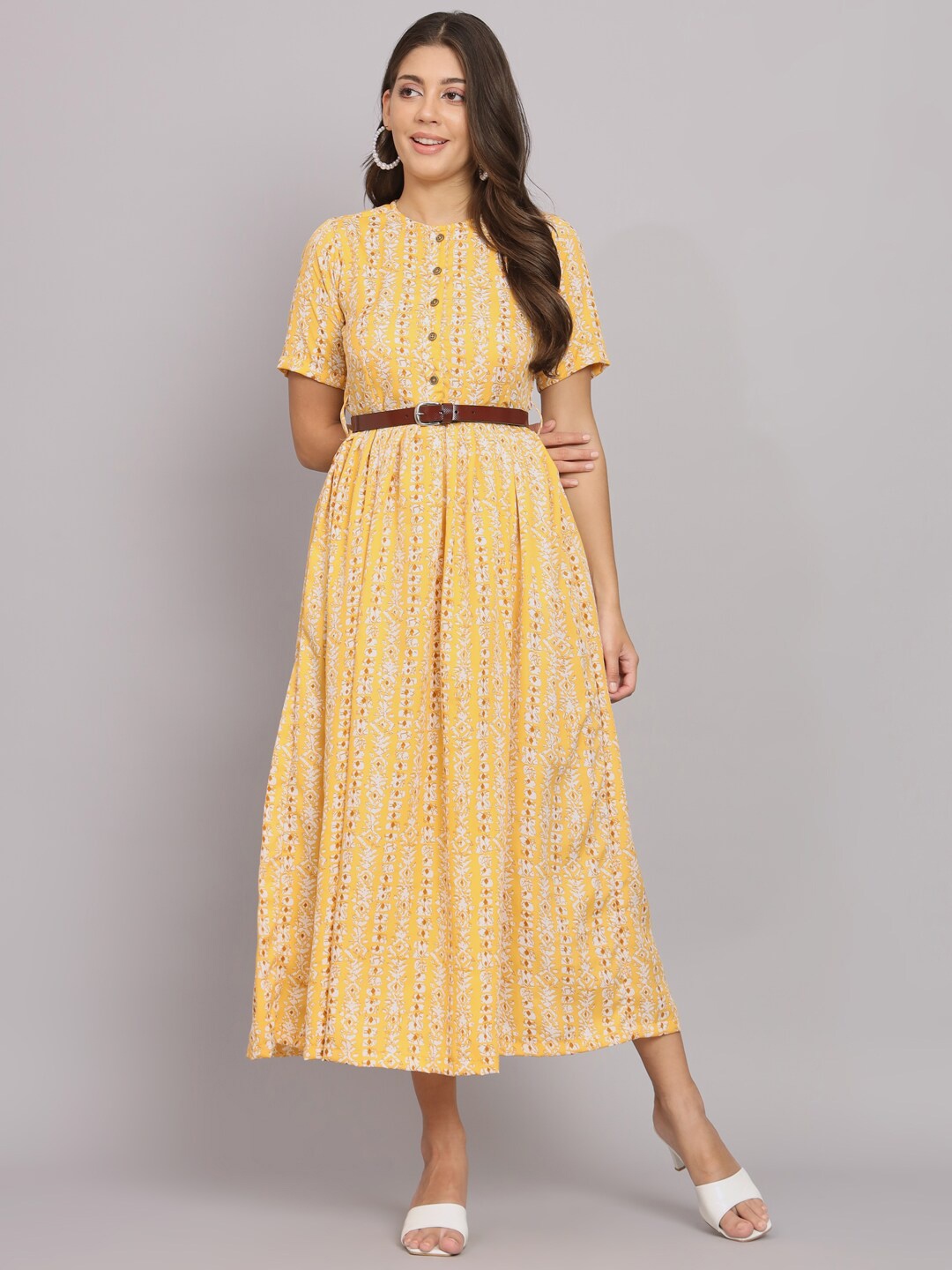 

HELLO DESIGN Floral Printed Crepe A-Line Midi Dress, Mustard