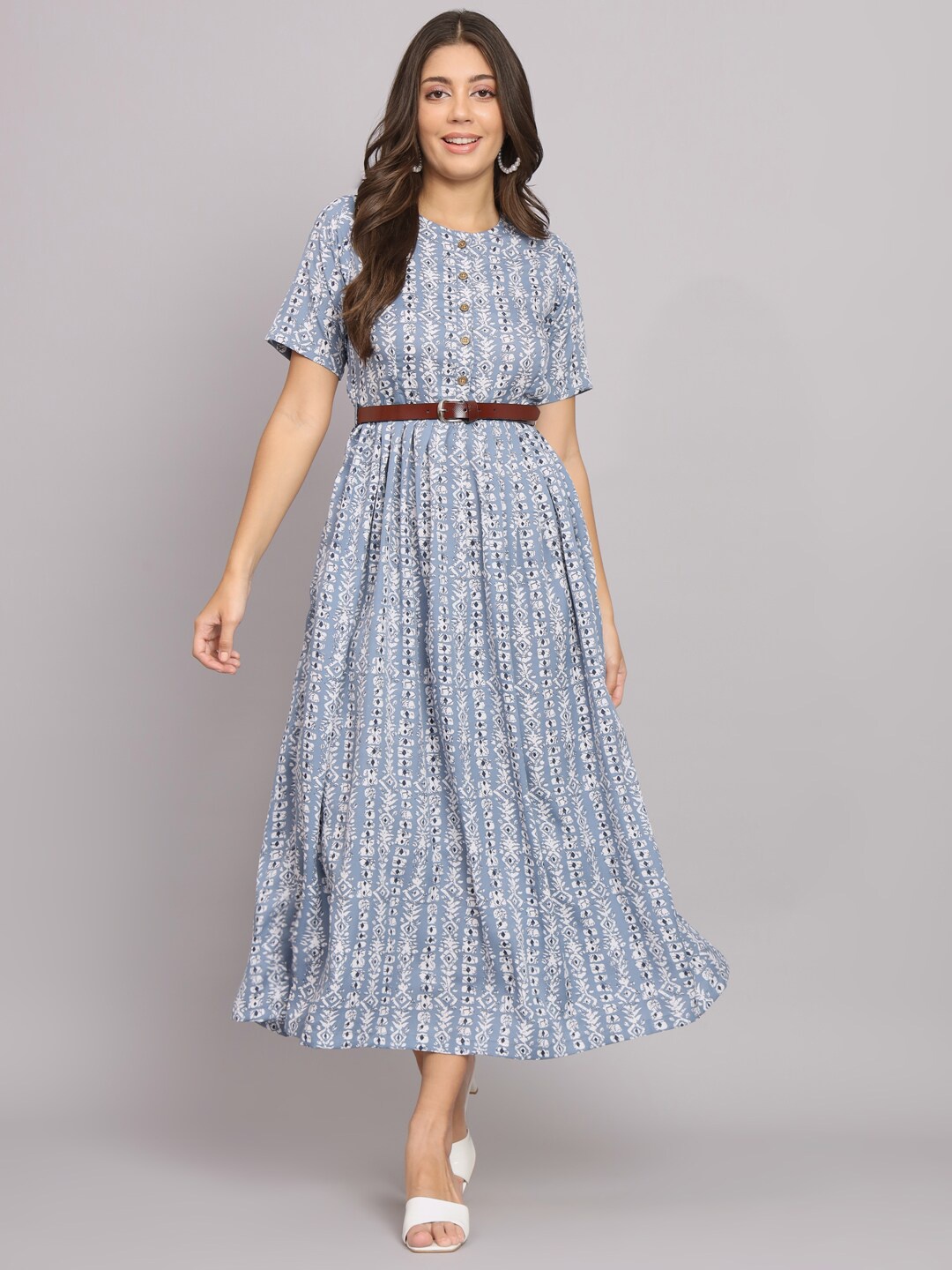 

HELLO DESIGN Ethnic Motif Printed Crepe Fit and Flare Midi Dress, Blue