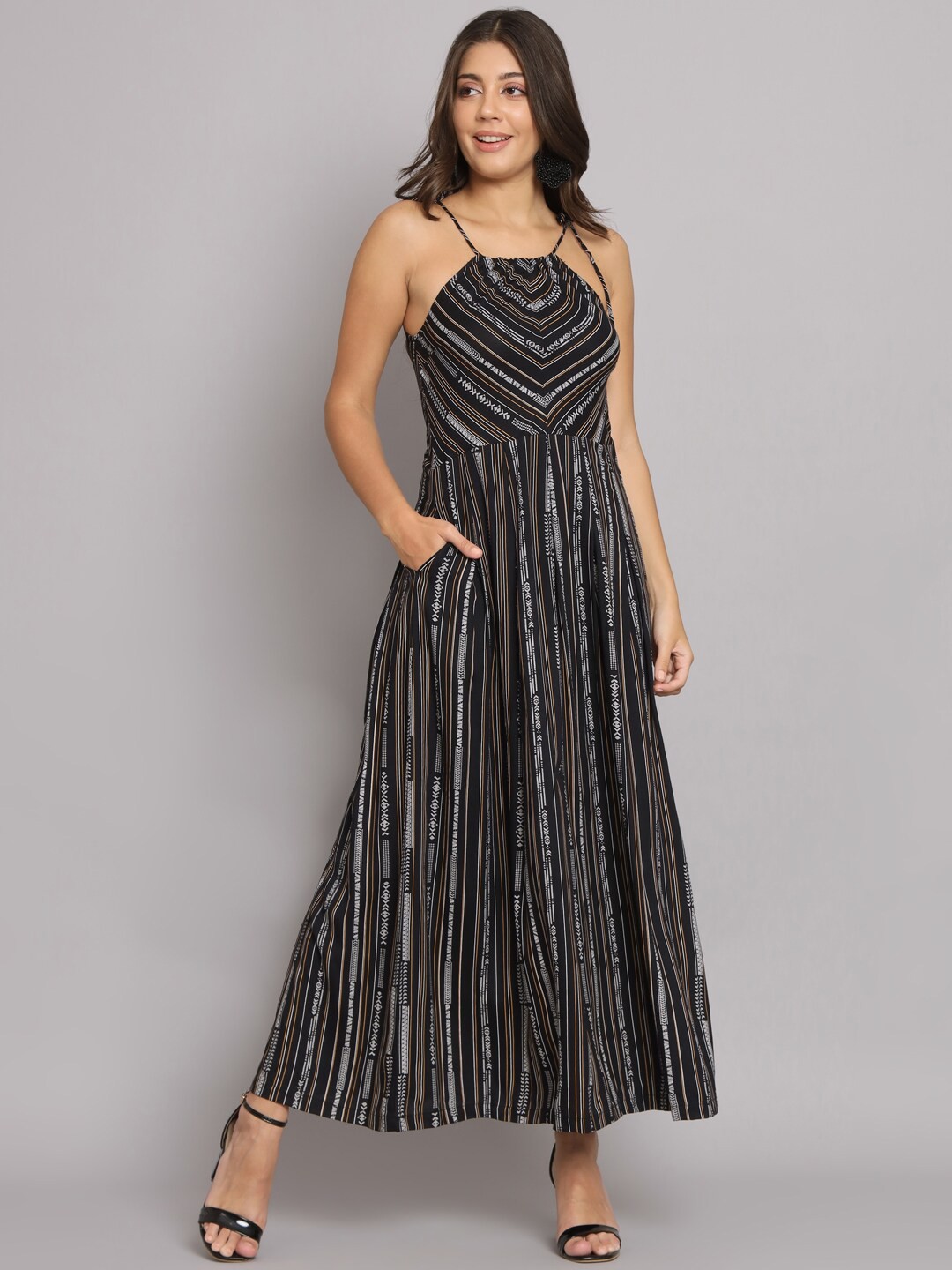 

HELLO DESIGN Striped Sleeveless Fit and Flare Maxi Dress, Black