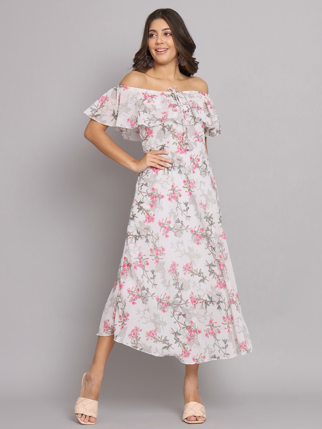 

HELLO DESIGN Floral Printed Off-Shoulder Flared Sleeves Georgette Fit & Flare Midi Dress, White