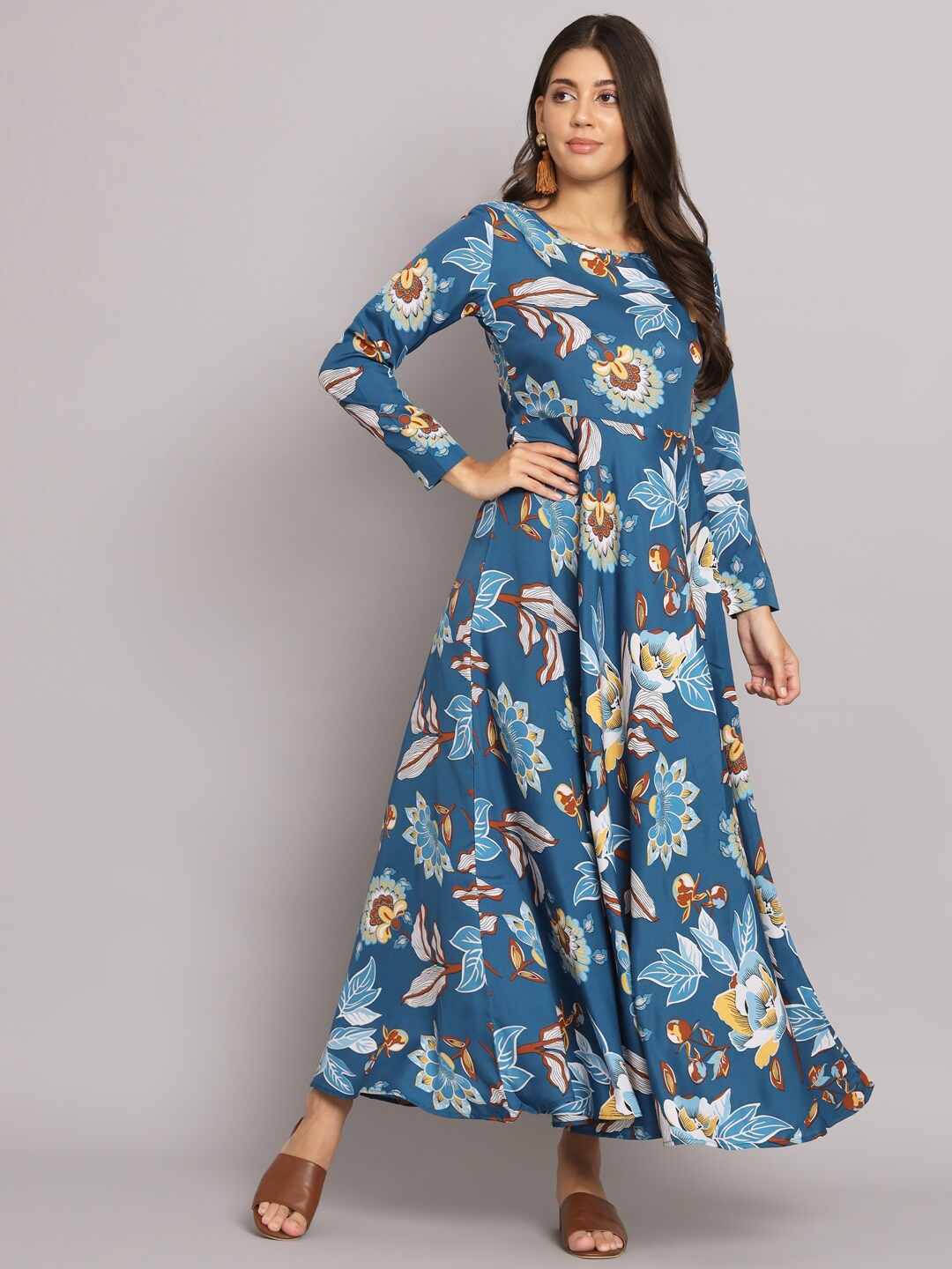 

HELLO DESIGN Floral Printed Long Sleeves Crepe Fit & Flare Maxi Dress, Blue