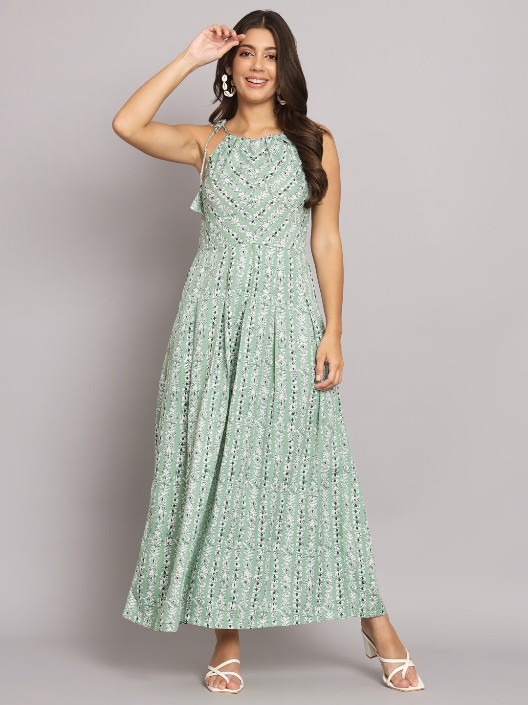 

HELLO DESIGN Ethnic Motif Printed Sleeveless Crepe Fit and Flare Maxi Dress, Green