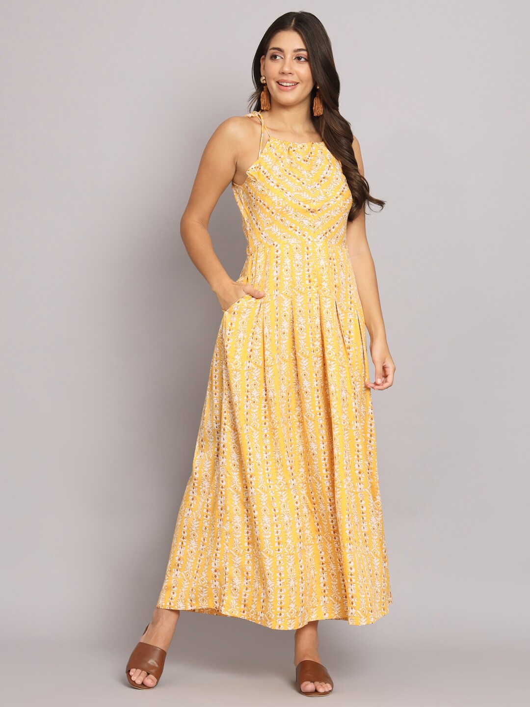 

HELLO DESIGN Ethnic Motifs Printed Shoulder Straps Crepe Maxi Dress, Mustard