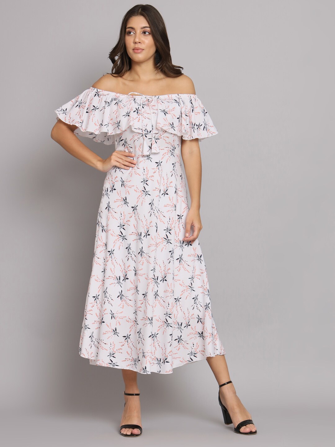 

HELLO DESIGN Floral Printed Off-Shoulder Flared Sleeve Georgette Maxi Dress, White