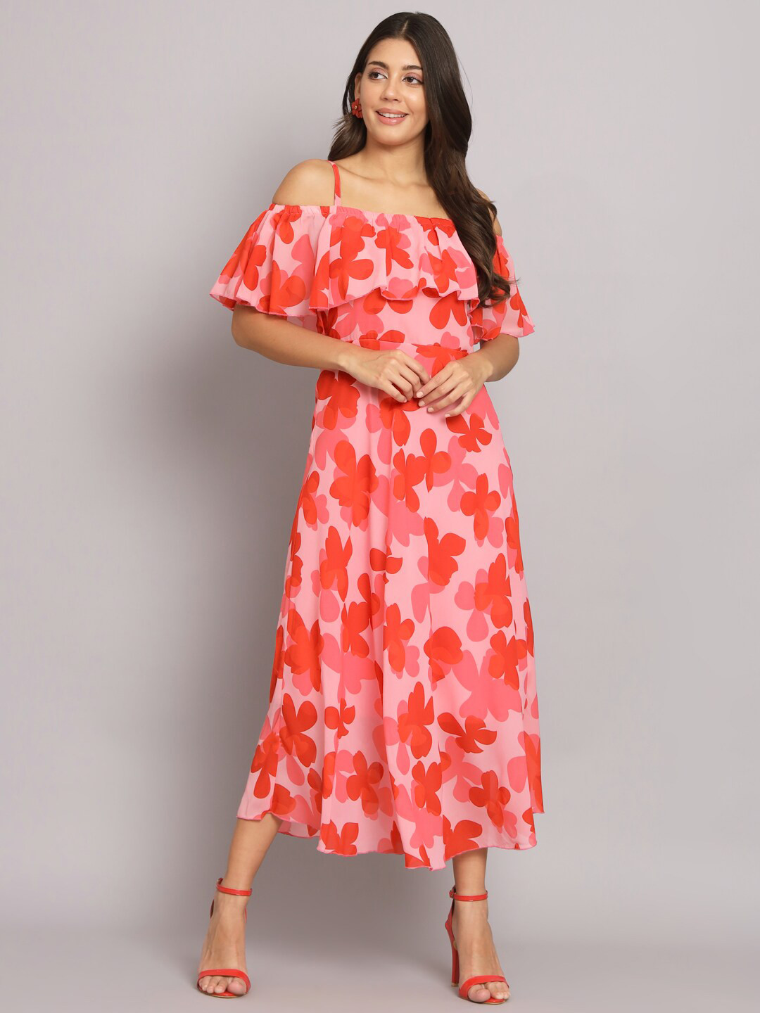 

HELLO DESIGN Floral Printed Cold-Shoulder Georgette Fit and Flare Midi Dress, Pink