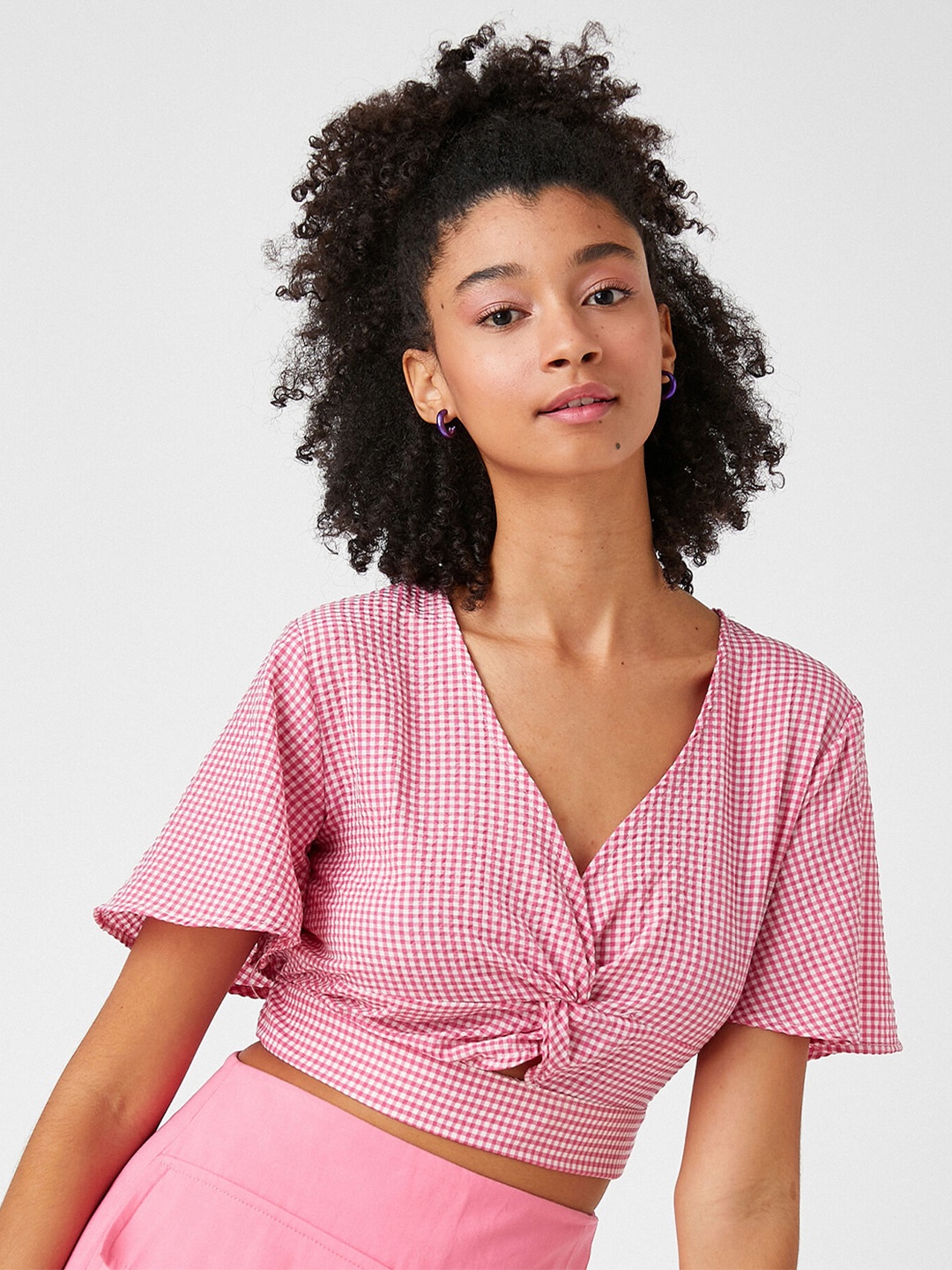 

Koton Pink Striped Flared Sleeves Crop Fitted Top