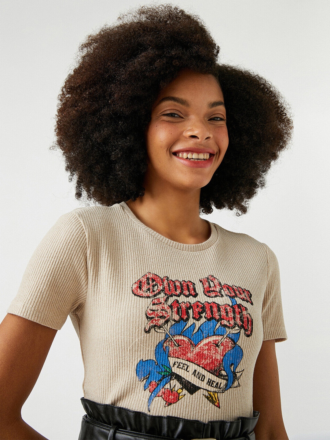 Koton Typography Printed Round Neck T-shirt, Camel brown