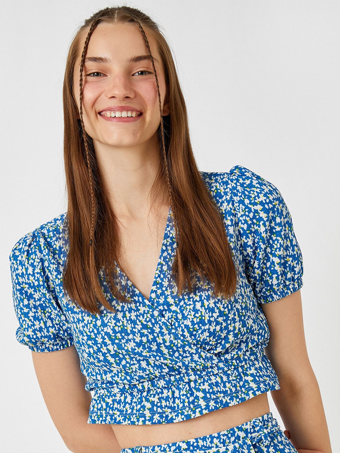 

Koton Floral Printed V-Neck Tops, Blue