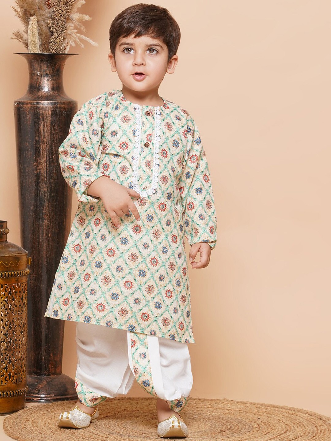 

Aj DEZInES Boys Ethnic Motifs Printed Regular Pure Cotton Kurta With Dhoti Pants, Beige
