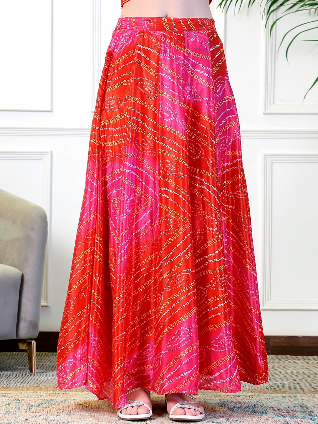 

NEUDIS Tie and Dye Printed Flared Maxi Lehenga Skirt, Red