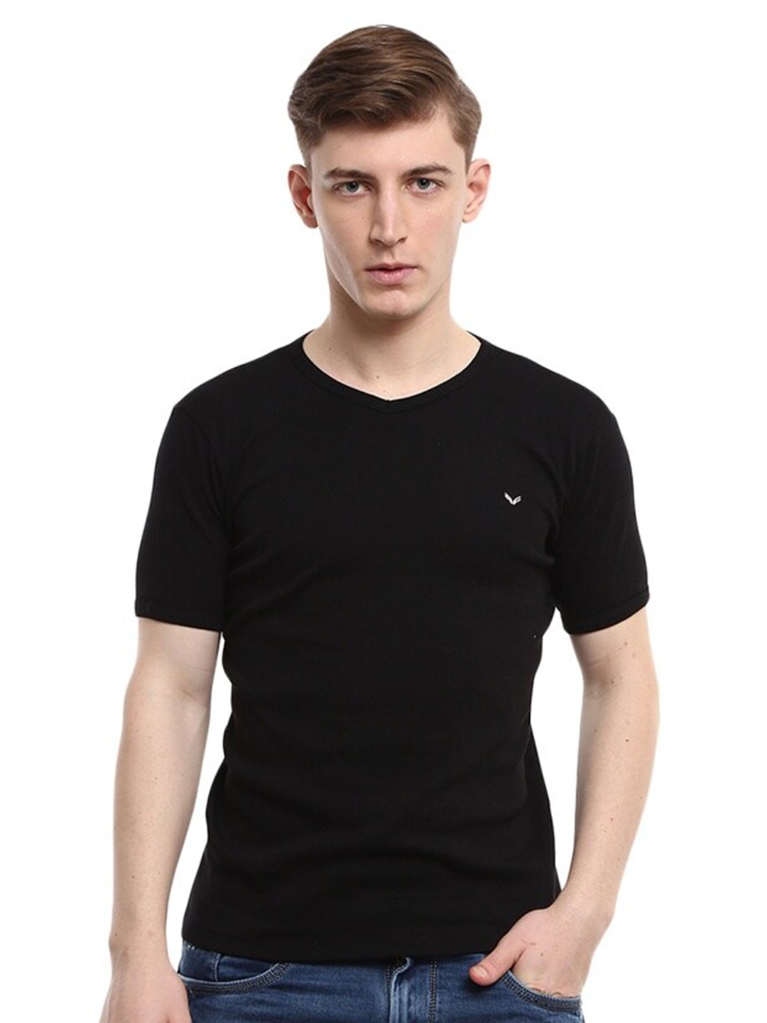 

V-Mart V-Neck Ribbed Cotton T-shirt, Black