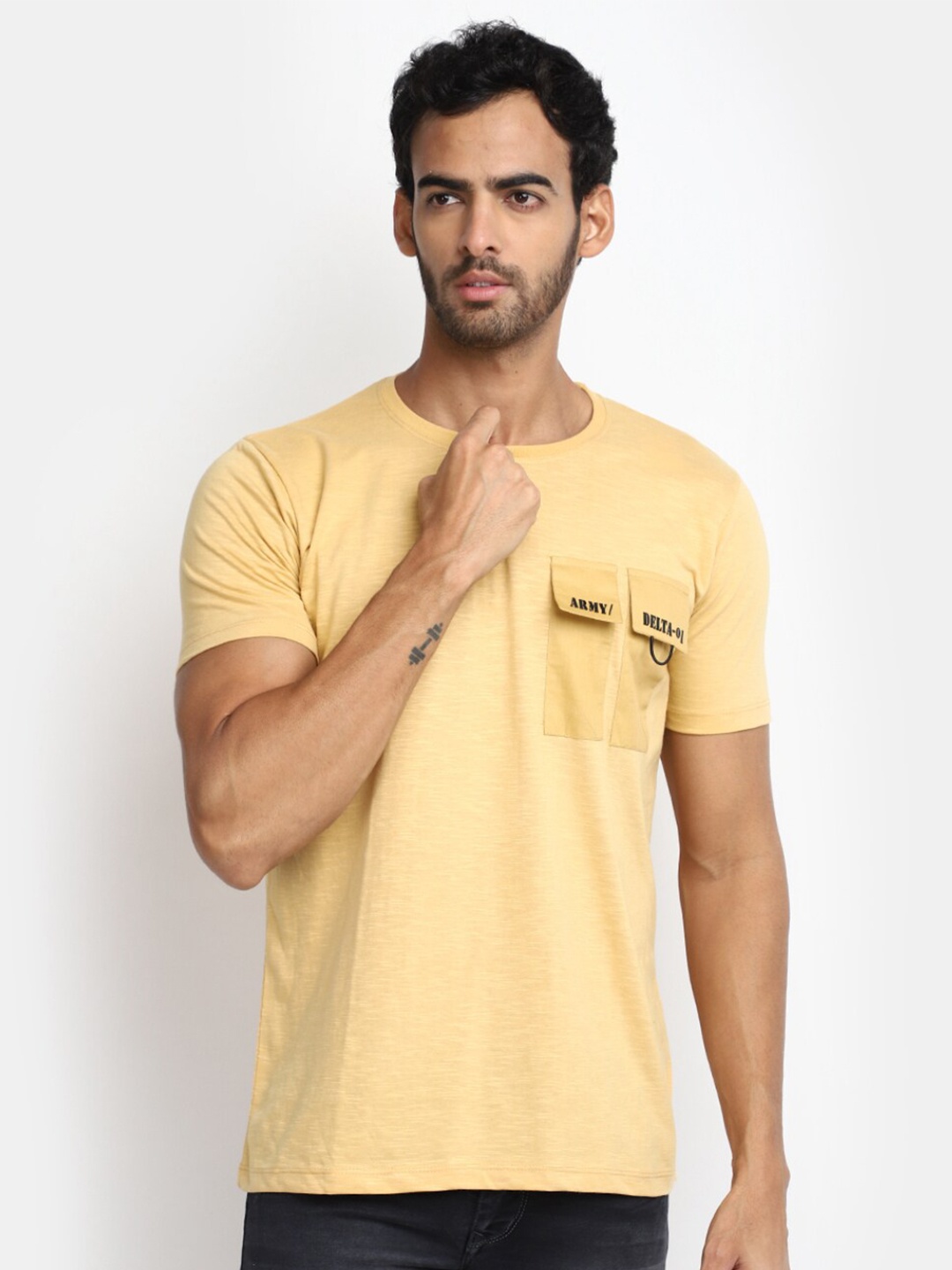 

V-Mart Round Neck Applique Cotton Casual T-shirt, Beige