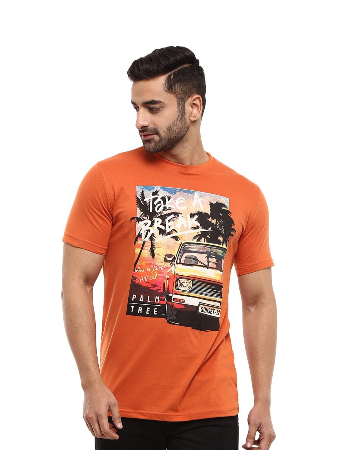 

V-Mart Graphic Printed Cotton Slim Fit T-shirt, Orange