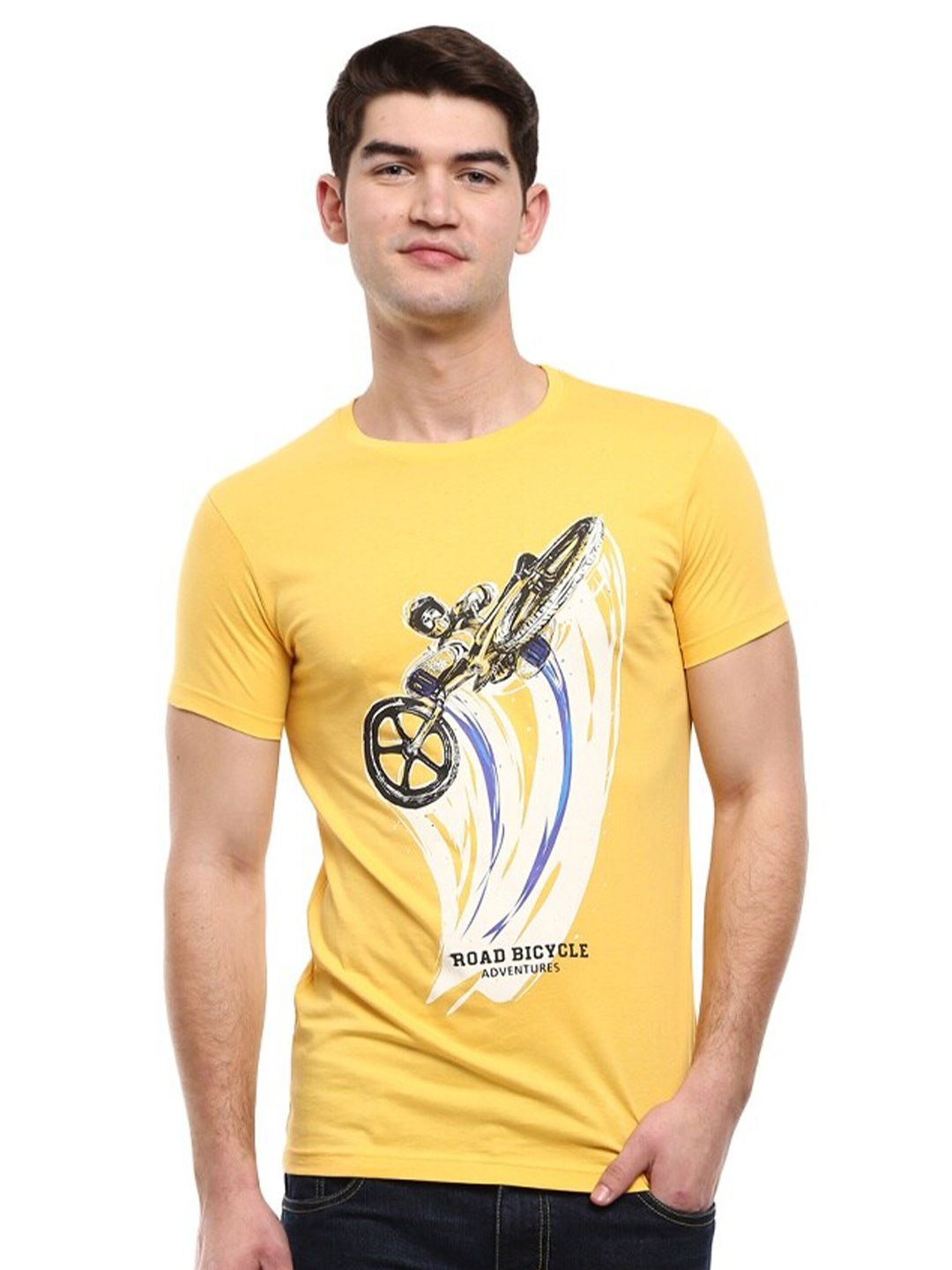 

V-Mart Men Printed Slim Fit Cotton T-shirt, Yellow