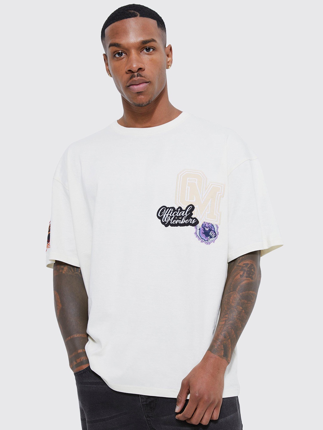 

boohooMAN Pure Cotton Applique Oversized T-shirt, Cream