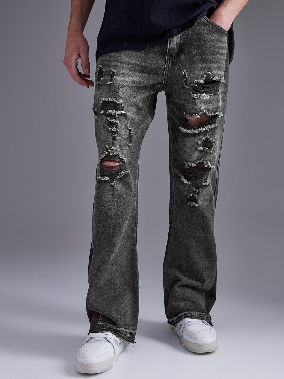 

boohooMAN Flared Ripped Jeans, Black
