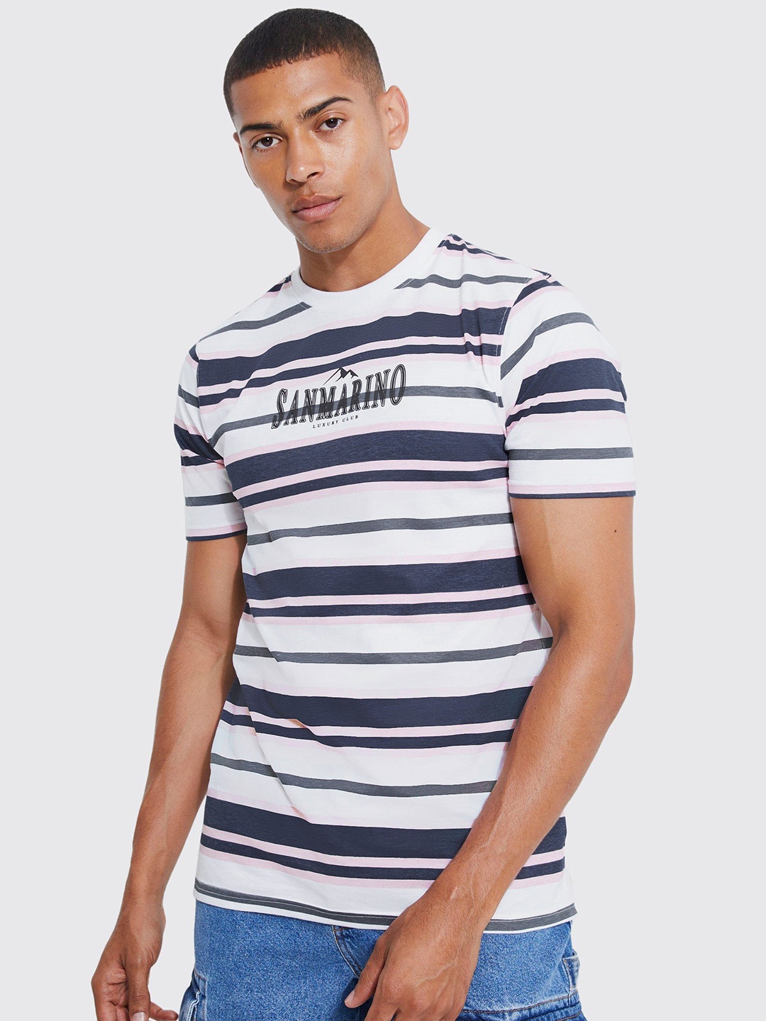 

boohooMAN Striped Pure Cotton Slim Fit T-shirt, White