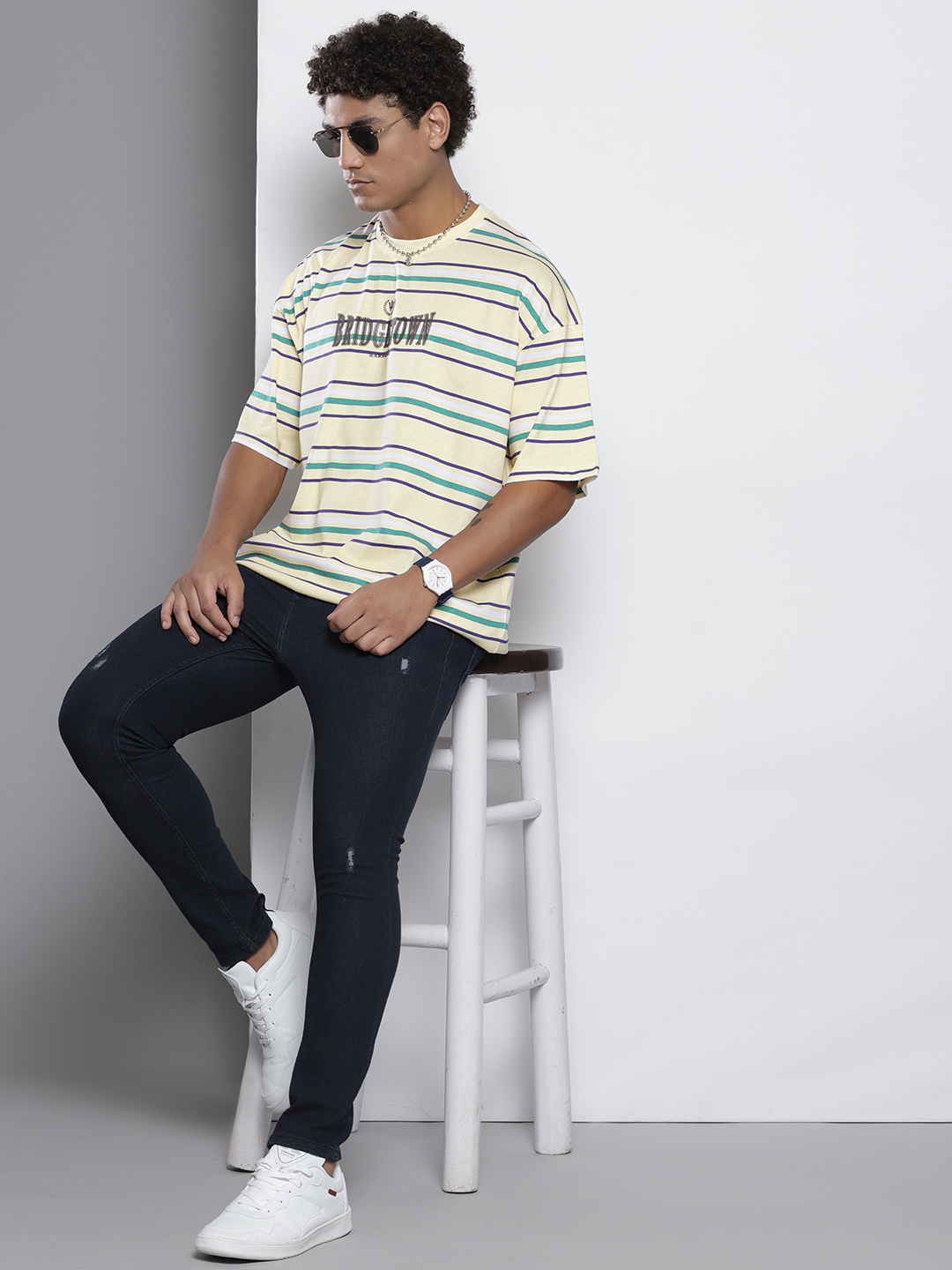 

boohooMAN Pure Cotton Striped Oversized T-shirt, Yellow