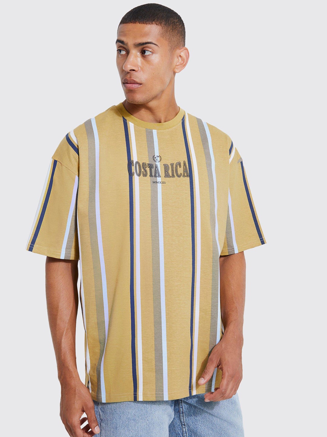 boohooMAN Striped Pure Cotton Oversized T-shirt, Mustard