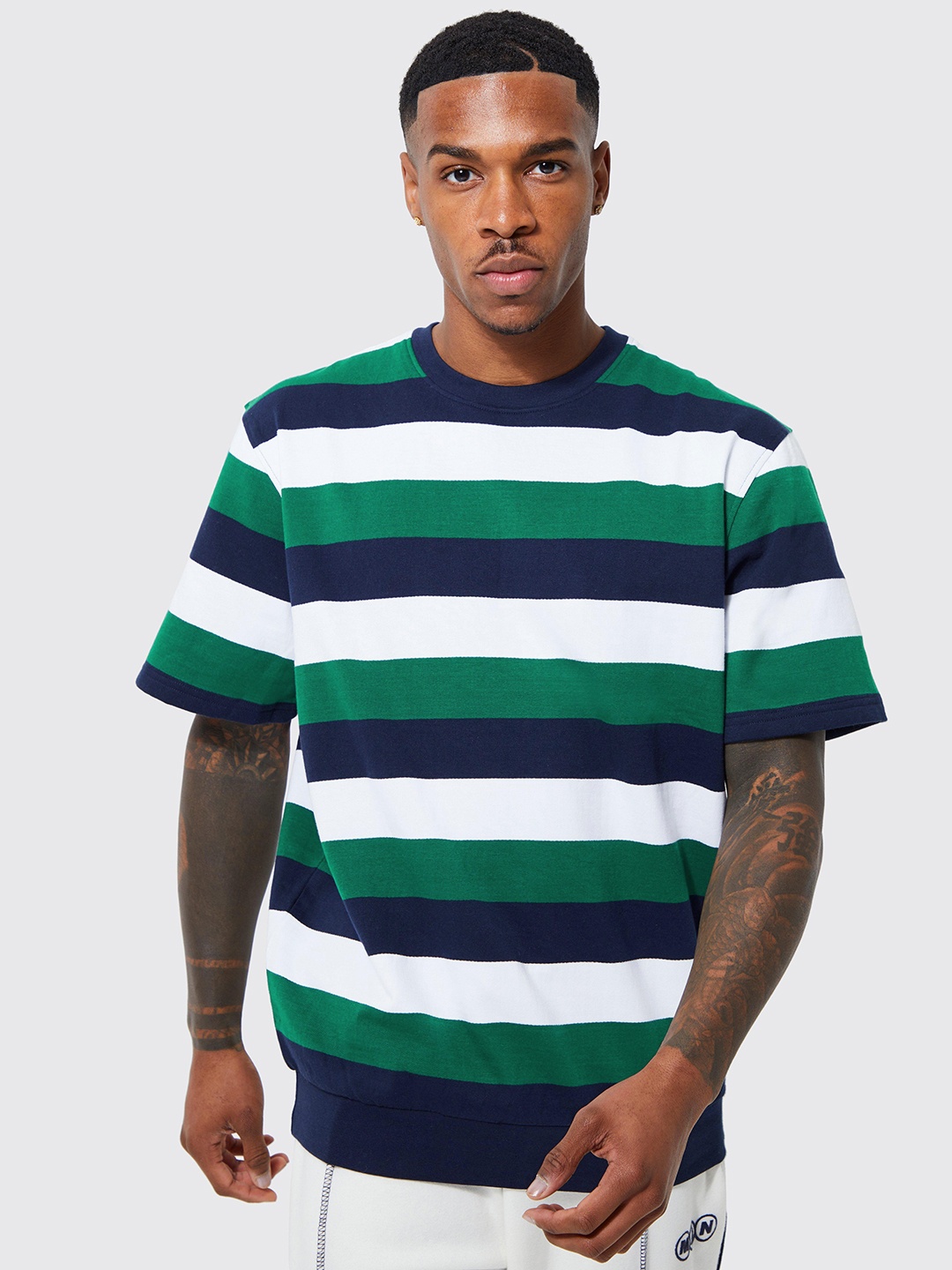 

boohooMAN Striped Pure Cotton Oversized T-shirt, White