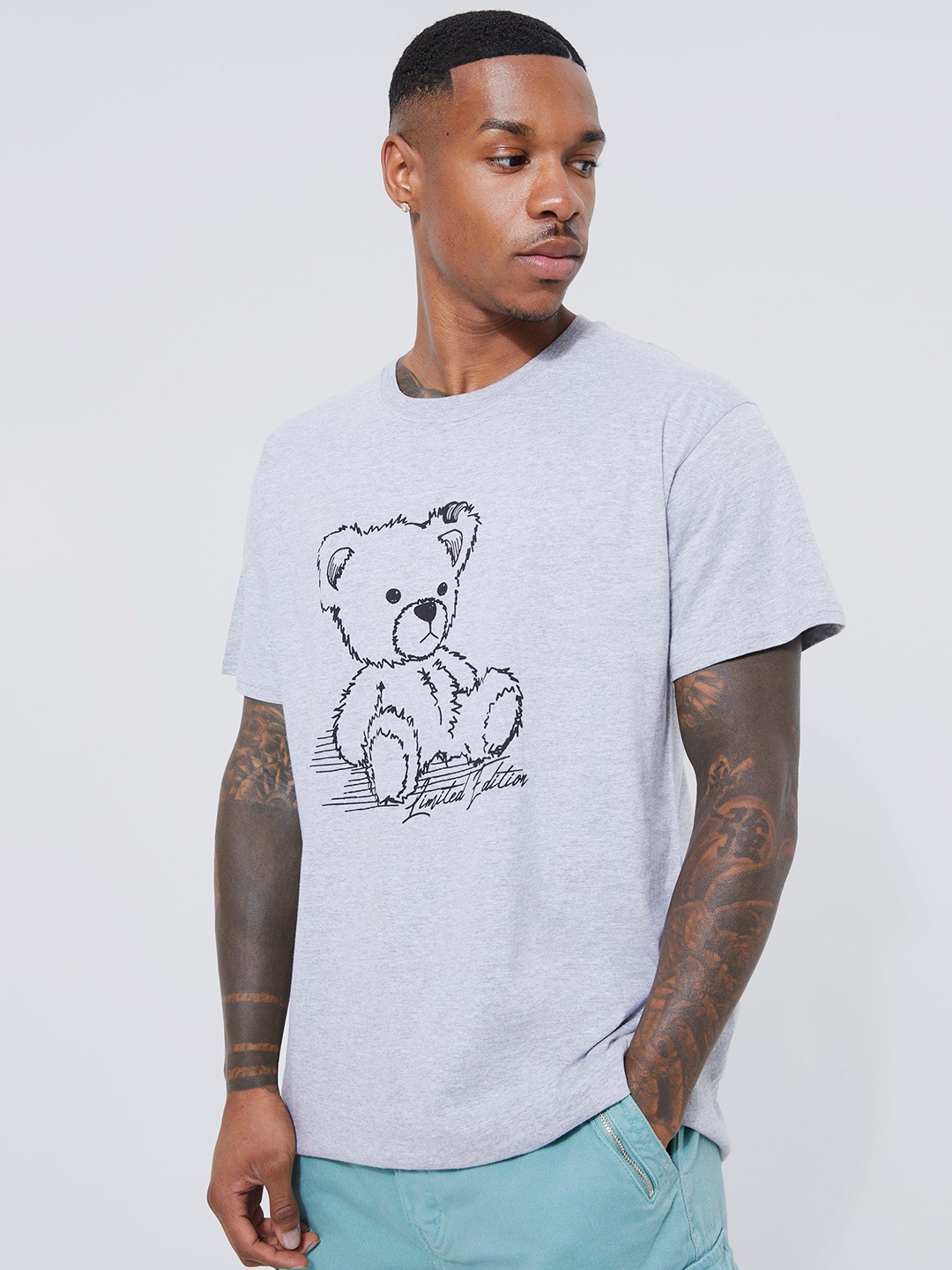 

boohooMAN Printed Pure Cotton T-shirt, Grey melange