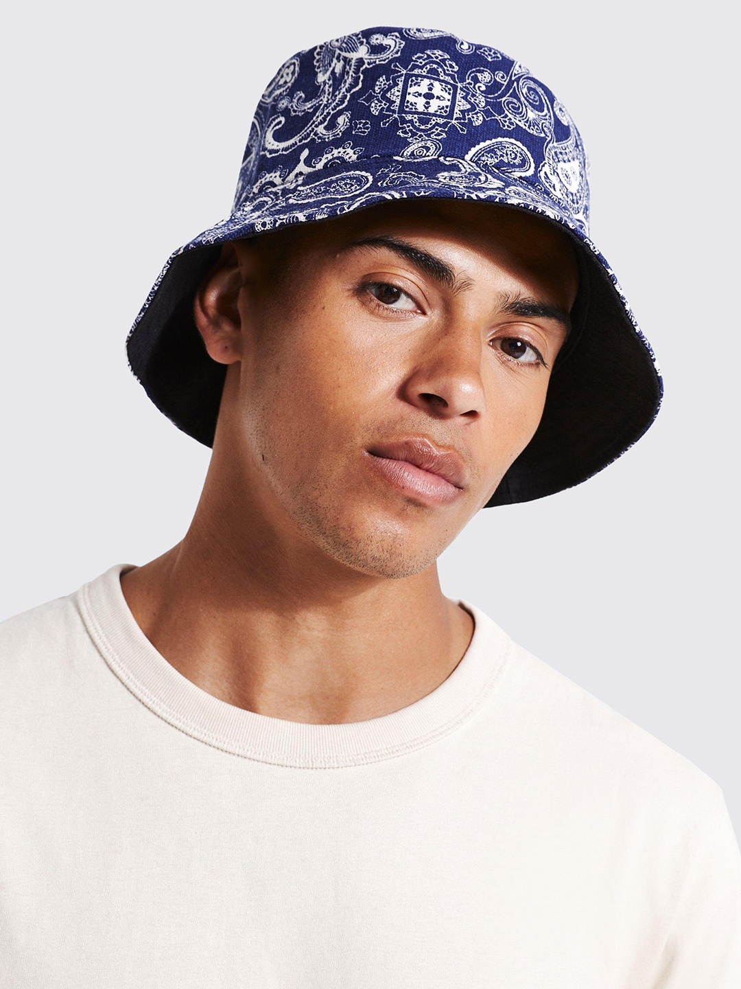 

boohooMAN Ethnic Motif Printed Bucket Hat, Navy blue